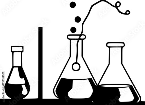 Monochrome laboratory experiment illustration of scientific equipment and science research in black and white vector art