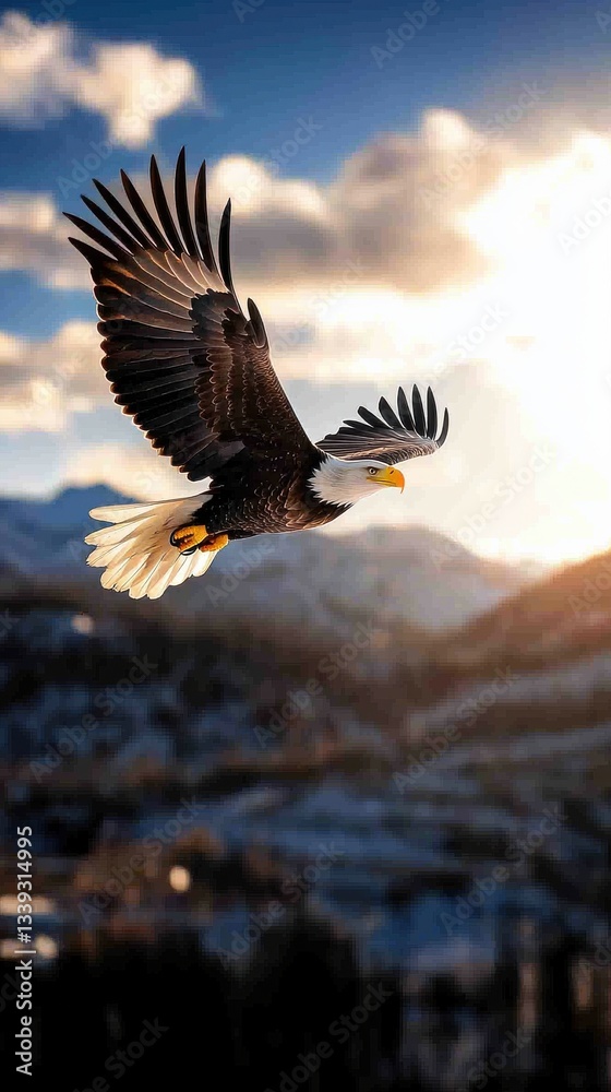 Obraz premium Majestic Bald Eagle in Flight Over Mountain Range Against Dramatic Sky Landscape Photography