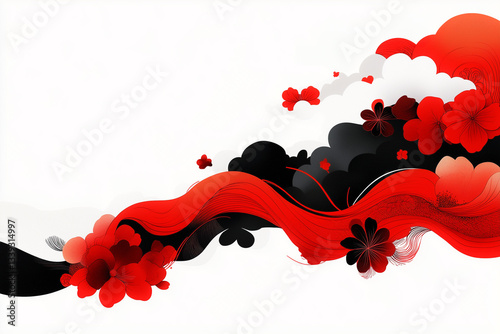Elegant Japanese floral design in red, black, and white