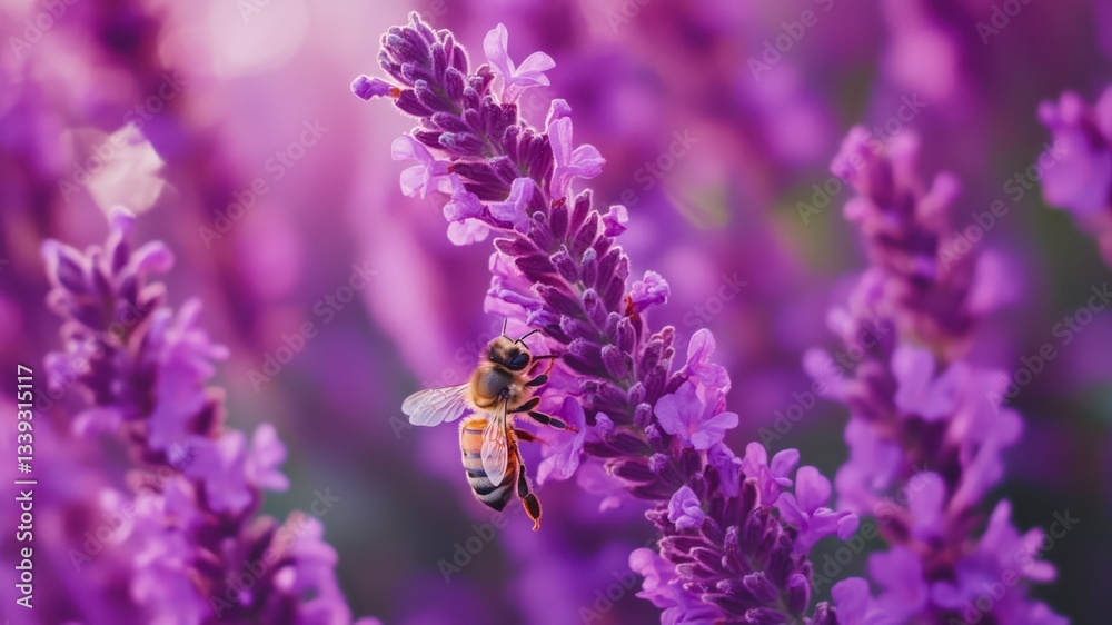 Honey bee pollinating a vibrant purple flower, macro nature photography of a bee collecting nectar Honey bee pollinating a vibrant purple flower, macro nature photography of a bee collecting nectar