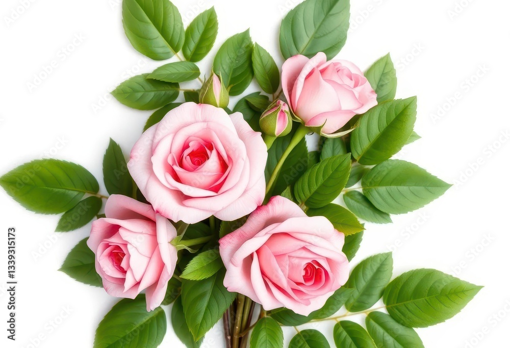 Delicate pink roses and lush green leaves isolated on pure white backdrop, summer, stock photo Delicate pink roses and lush green leaves isolated on pure white backdrop, summer, stock photo