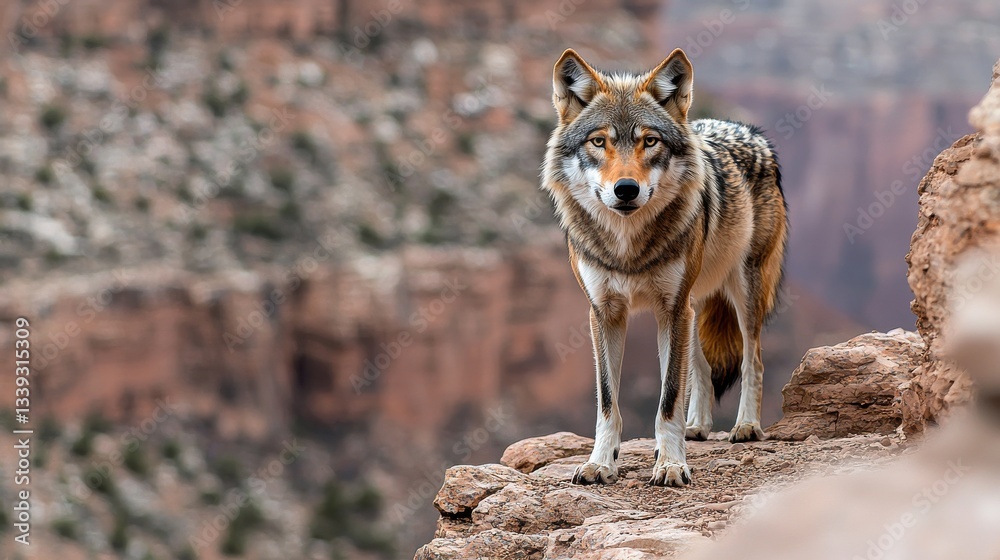 Fototapeta premium Majestic Wolf Perched on Cliffside, Wilderness, Wildlife, and Natural Beauty