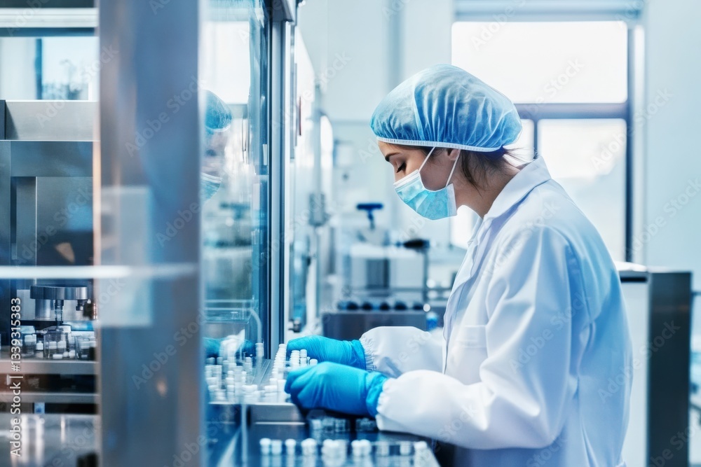 Female laboratory worker inspecting pharmaceutical production line, scientist in protective gear ensuring quality control in medical manufacturing
