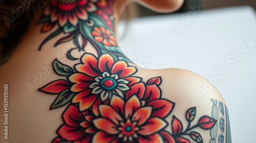 A close-up shot reveals a symbolic traditional tattoo art print of a gift for a beloved woman. Vibrant colors depict detailed creative