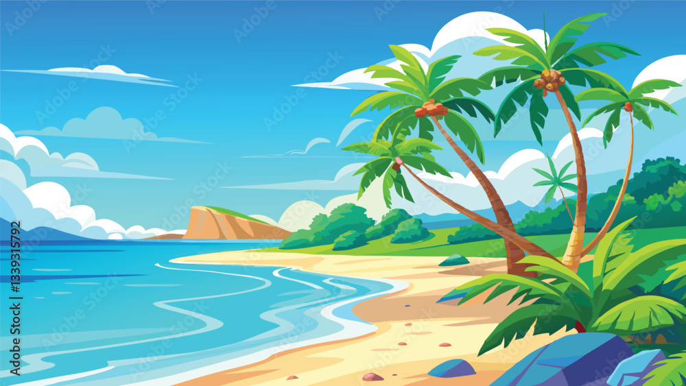 Fototapeta premium Idyllic Tropical Beach Scene with Palm Trees and Azure Ocean under a Sunny Sky