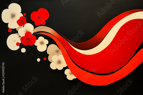 Japanese floral ink art with red accents
