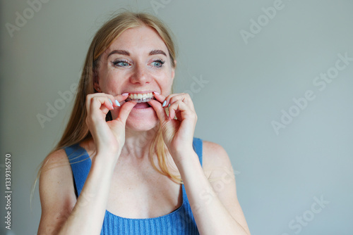 Woman wearing orthodontic silicone trainer. Invisible braces aligner. Mobile orthodontic appliance for dental correction.