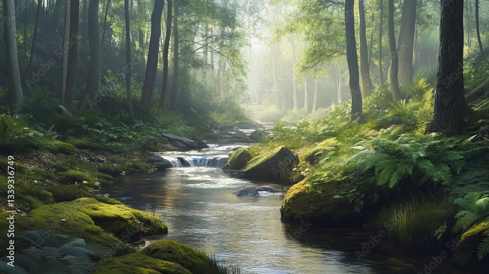 A gentle stream running through a moss-covered forest, with ferns growing along its banks. A gentle stream running through a moss-covered forest, with ferns growing along its banks.