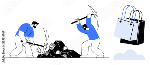 Two men breaking rocks with pickaxes and hammers to extract crypto coins, alongside shopping bags and cloud icon. Ideal for finance, cryptocurrency, online shopping, labor, technology, commerce