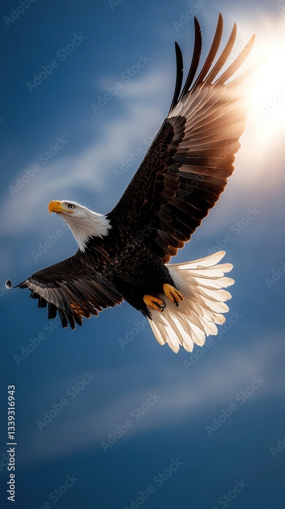 Naklejka premium Majestic Bald Eagle in Flight Against Blue Sky and Sunlight: Freedom, Strength, and American Symbolism