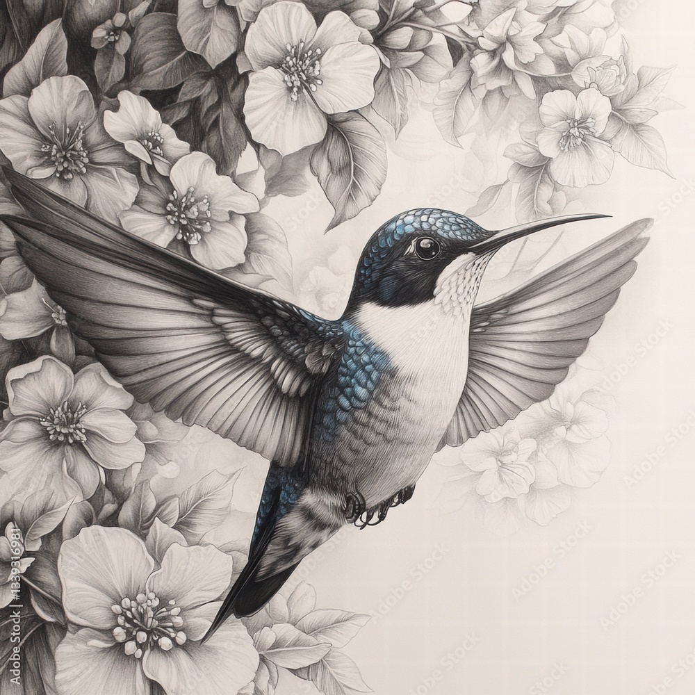 Obraz premium Elegant Hummingbird in Flight Surrounded by Delicate Flowers