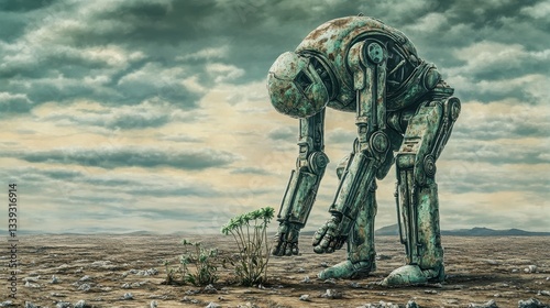 Weathered robot bending down towards fragile plants on desolate land