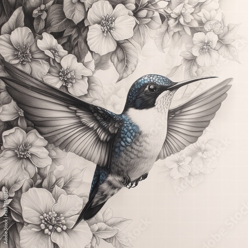 Wallpaper Mural Elegant Hummingbird in Flight Surrounded by Delicate Flowers Torontodigital.ca