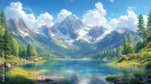 Alpine lake reflects snowy peaks under sunny sky