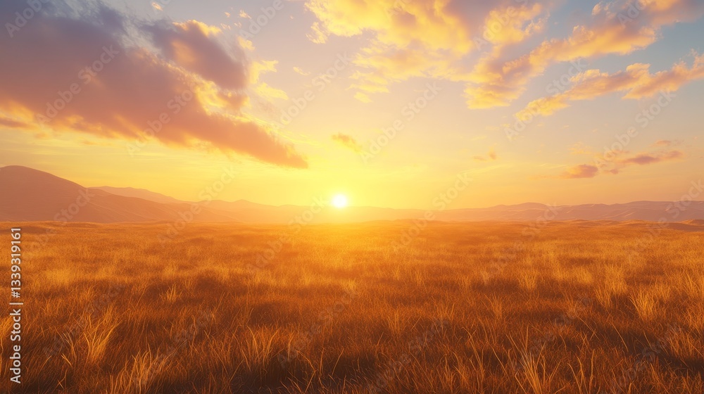 A golden sunset over a wide, open prairie with a vast sky and distant hills. A golden sunset over a wide, open prairie with a vast sky and distant hills.