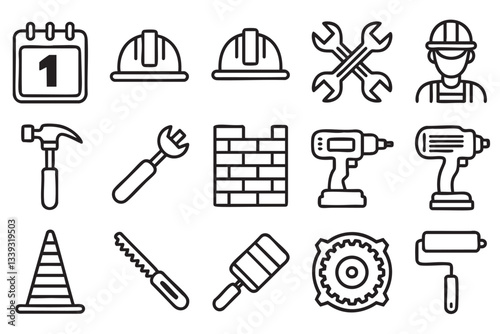 A set of simple, black and white line art icons depicting various construction tools and equipment