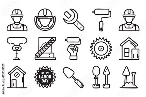 set of black line art icons showcases various tools, equipment, and figures related to construction and home improvement, with a Labor Day theme