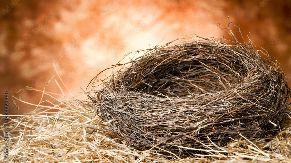 Closeup of an Intricately Woven Nest on a Bed of Hay with a Soft Earthy Background Closeup of an Intricately Woven Nest on a Bed of Hay with a Soft Earthy Background
