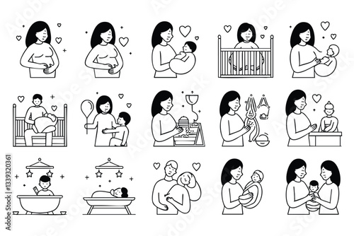 A set of simple line illustrations showcasing various heartwarming moments between parents and children, from pregnancy to toddlerhood