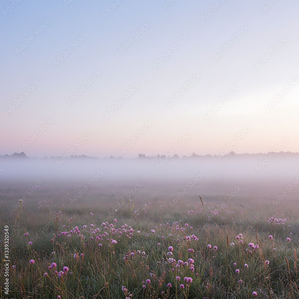 Naklejka premium Misty meadow with soft morning light.