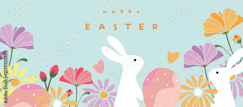 Trendy Easter banner design featuring vibrant typography, spring flowers, decorated eggs, cute bunny. Perfect for a horizontal poster, greeting card, or website header.
