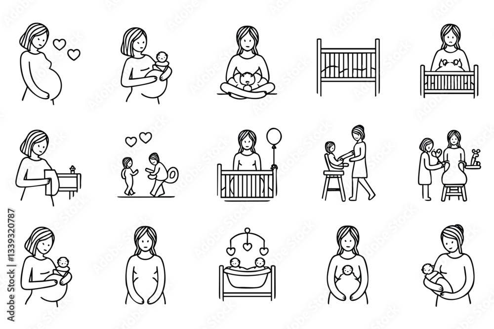Fototapeta premium A collection of black and white line art illustrations showcases various stages of motherhood