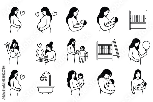 A set of simple, black and white line illustrations depicting various stages of motherhood, from pregnancy to nurturing a newborn and toddler
