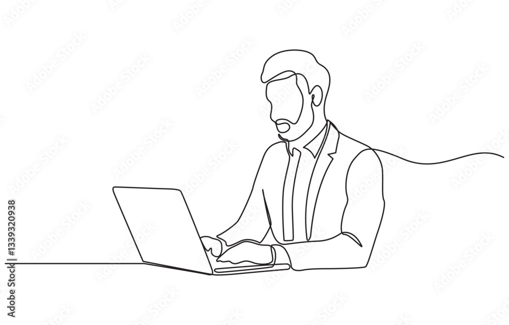 Single one line drawing businessman holding and typing laptop in his hand, Portrait of a working man at a computer laptop. One continuous drawing line logo single hand drawn art. Single one line drawing businessman holding and typing laptop in his hand, Portrait of a working man at a computer laptop. One continuous drawing line logo single hand drawn art.