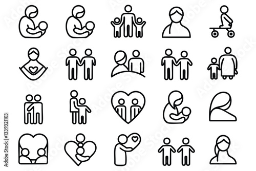 A collection of simple, black line art icons depicting various family structures and relationships