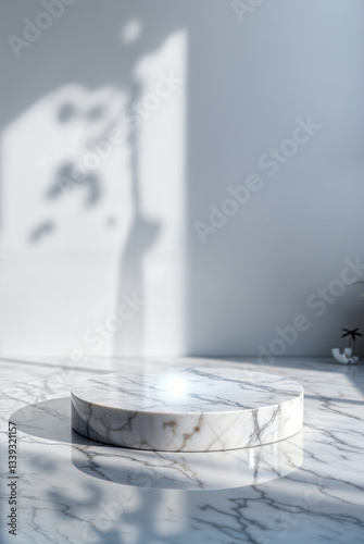 Round marble table top with tree leaves shadow drop on white wall background for mockup product display, 3D render