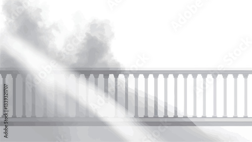 The image is a grayscale photograph of a white balcony railing.  The railing consists of evenly spaced, vertical balusters. Sunlight streams through the scene, creating diagonal shadows across the