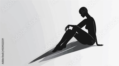 The image is a minimalist illustration depicting a black silhouette of a seated woman against a white background.  The woman's pose suggests contemplation or introspection.  The silhouette is