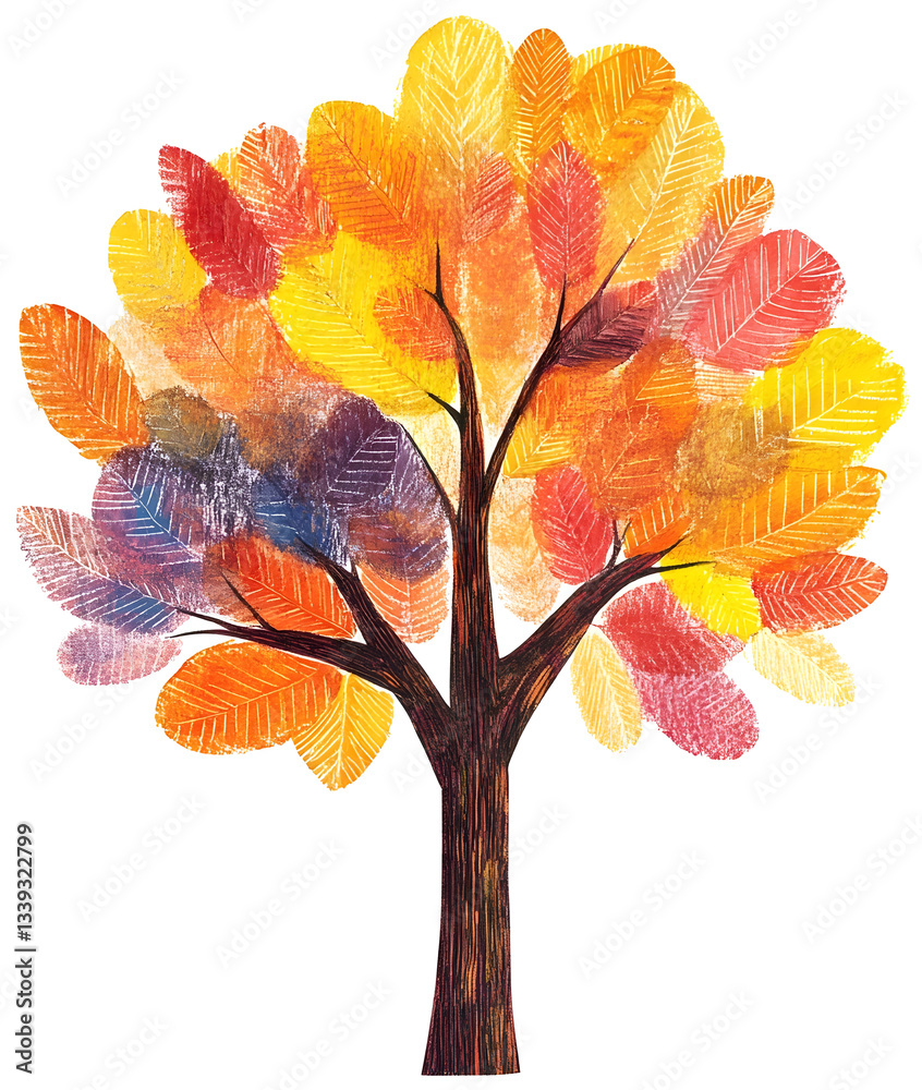 Fototapeta premium Whimsical Autumn Tree in Colorful Crayon and Watercolor