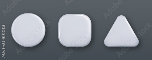 White empty white buttons. Blank glossy round, square and rectangle badges with shadow.