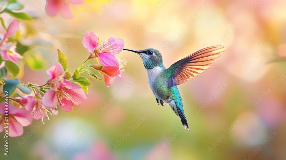 Fototapeta premium A magical scene of a vibrant, multi-colored hummingbird sipping nectar from a flower. 