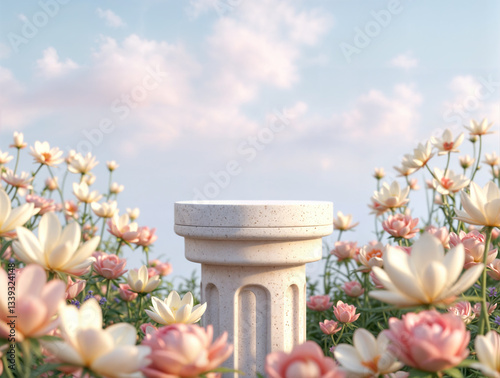 Natural beauty podium backdrop with spring rose flower field scene. 3d rendering. 