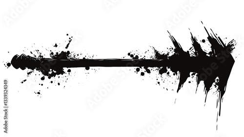 The image is a digital illustration of an arrow shape rendered in black ink.  The arrow is composed of a thick central line with irregular, splatter-like markings extending from its edges. The