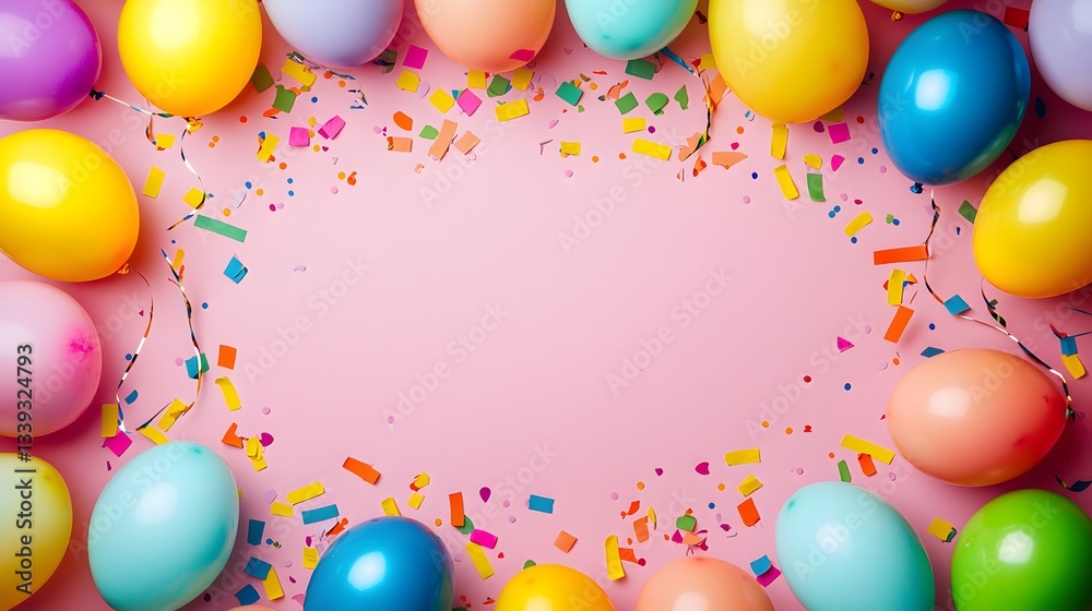 Colorful Easter Eggs Surrounded by Confetti on a Pink Background for Holiday Celebration Colorful Easter Eggs Surrounded by Confetti on a Pink Background for Holiday Celebration