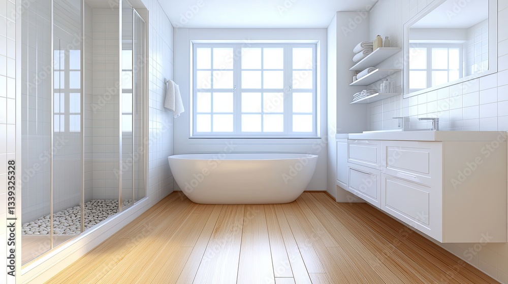 A minimalist white Scandinavian bathroom paired with a walk-in closet, showcasing classic Scandinavian interior design A minimalist white Scandinavian bathroom paired with a walk-in closet, showcasing classic Scandinavian interior design