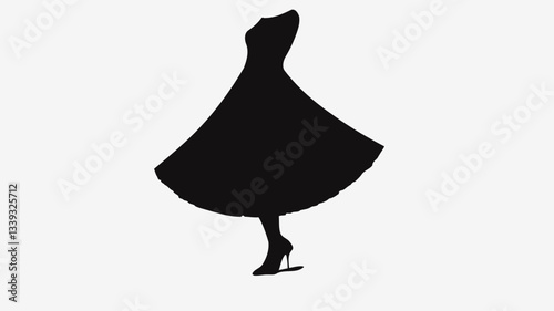 The image shows a full-length studio shot of a black pleated dress displayed on a mannequin. The dress is a dark shade of black and features a flared, pleated skirt.  The mannequin is positioned to