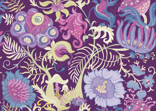 Fantasy, alien hypnotic flowers, decorative flowers and leaves. Cartoon style. Millefleurs trendy floral design. Seamless pattern, background. Outline hand drawing vector illustration.