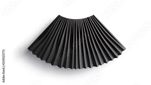 A high-angle, close-up shot of a black pleated fabric shaped like a fan against a pure white background. The pleats are evenly spaced and create a radiating pattern. A subtle shadow is cast below