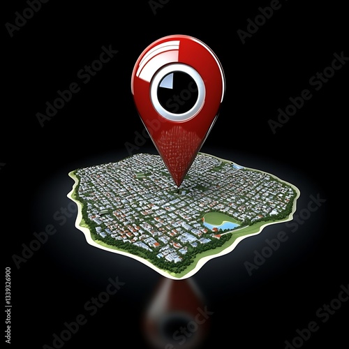 A three dimensional city map with a marker displayed