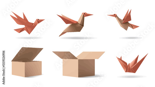The image contains a digital illustration featuring three origami birds in various poses and two open cardboard boxes.  The birds are rendered in shades of reddish-orange. The boxes are light