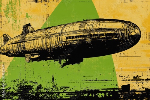 An illustration depicting a dirigible airship flying over colorful grunge background