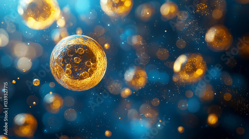 Golden nanoparticles floating in blue background, creating vibrant scene