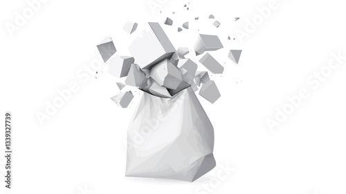 A 3D rendering of a white bag with its contents exploding outwards. The fragments are white and various sizes, exhibiting a motion blur effect. The background is plain white. The image is