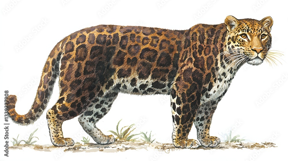 Fototapeta premium Realistic Illustration of a Leopard Strolling Through Grass in a Lush Natural Habitat