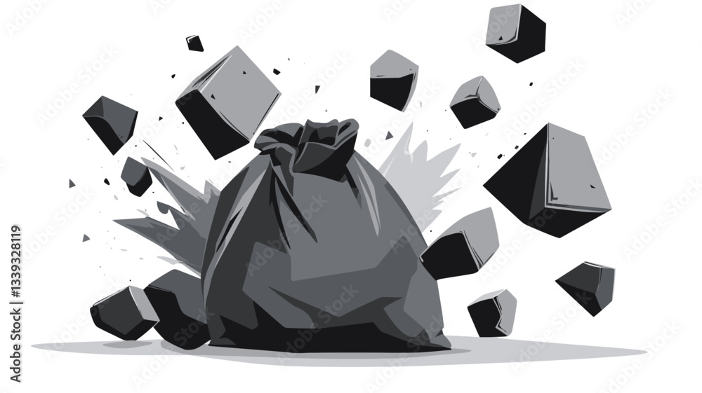 A grayscale vector illustration depicting a black trash bag overflowing with numerous gray cubic objects that are exploding and scattering outwards.  The style is cartoonish or stylized, not