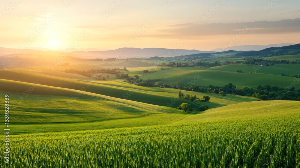 Obraz premium Rolling green hills at sunrise, tranquil landscape with soft sunlight casting shadows, perfect for nature themes and relaxation.